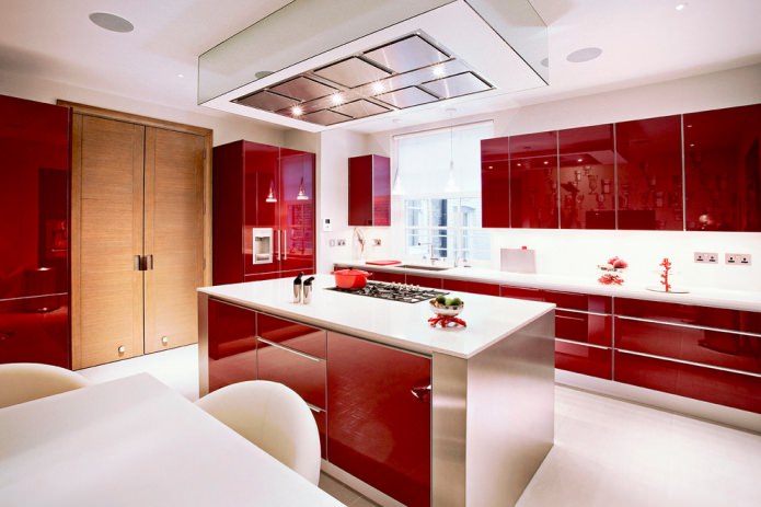 модерна кухня в червено и бяло