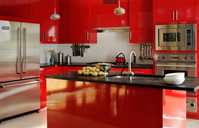 red facades in the kitchen