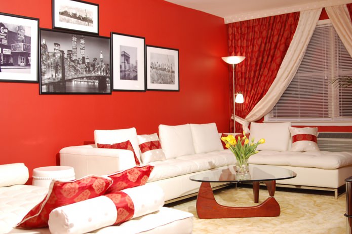 moderne rød og hvid stue