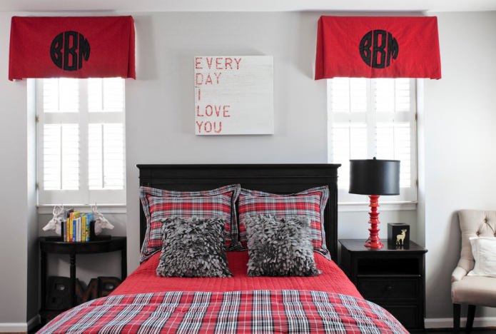 Interior dormitor negru-gri-roșu