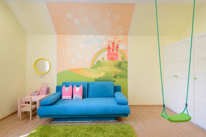 interior de la habitación infantil de una niña con papel tapiz fotográfico