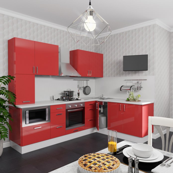 malá kuchyňa v červených farbách