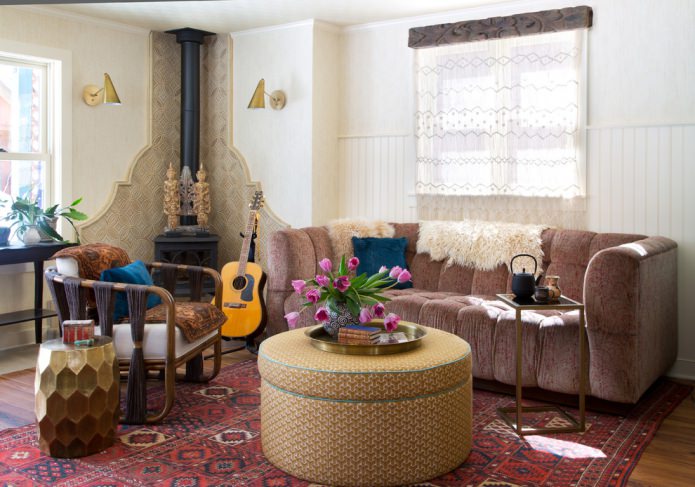 brown sofa in boho style room