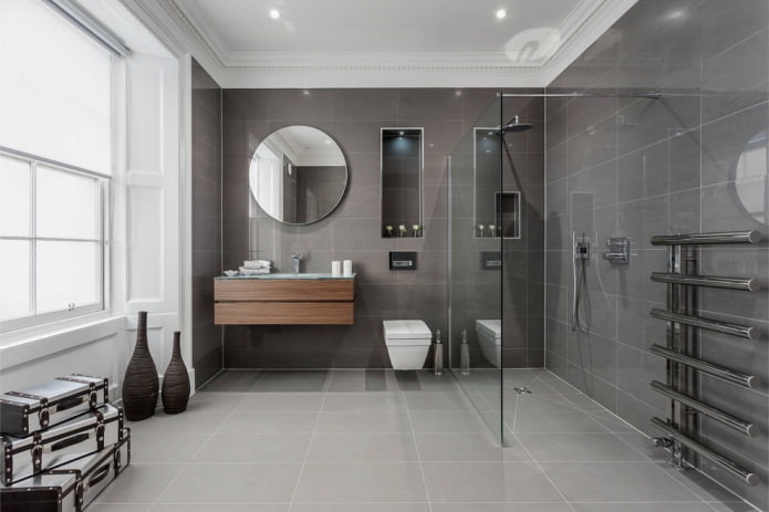 intérieur de salle de bain de style moderne avec des carreaux rectangulaires gris