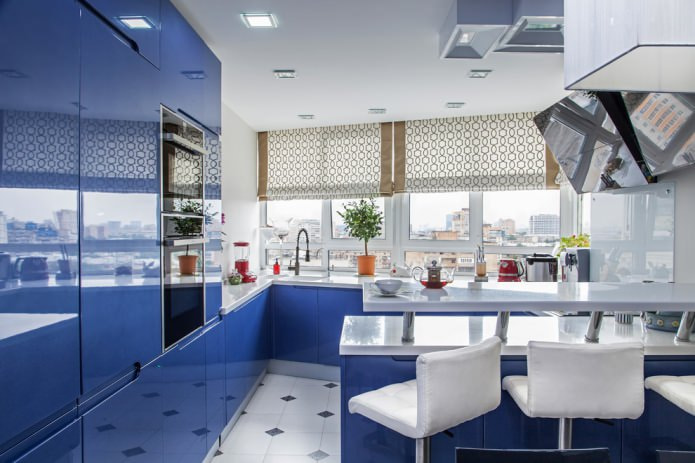 beige curtains in the blue kitchen