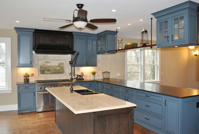 particleboard in white and blue kitchen