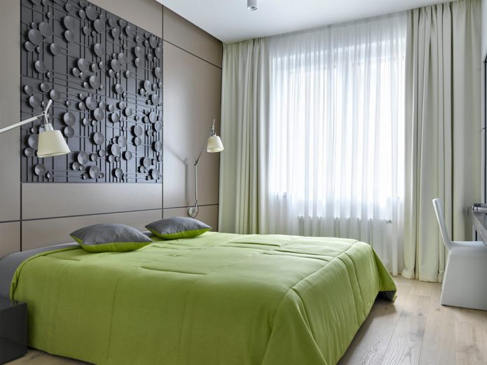 sivo-zelena unutrašnjost spavaće sobe