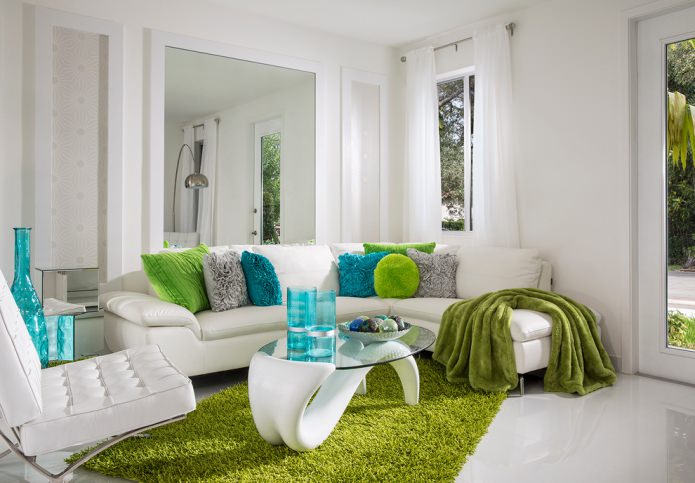 šviesiai žalios spalvos kilimas gyvenamajame kambaryje