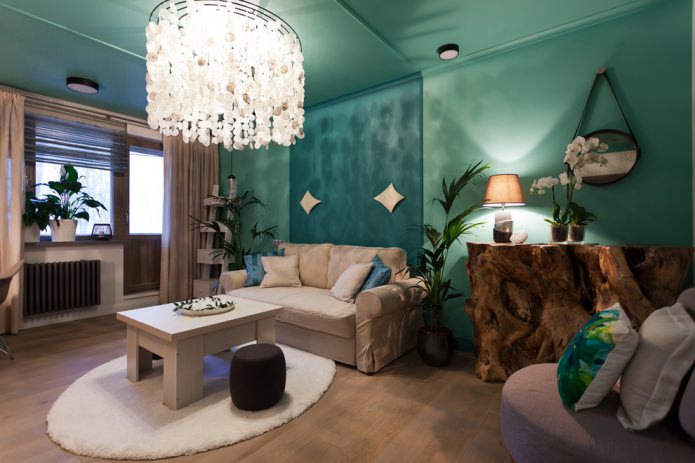 Beige and turquoise living room