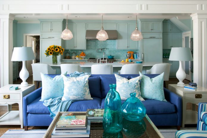 turquoise kitchen-living room