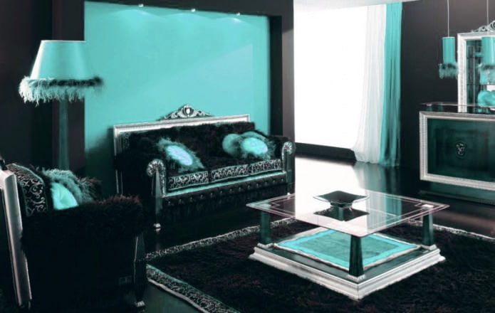 Čierna a tyrkysová obývacia izba