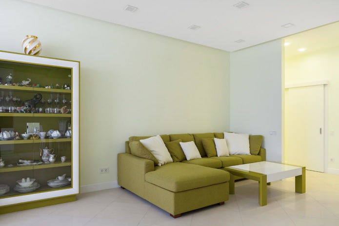 olive cabinet and sofa