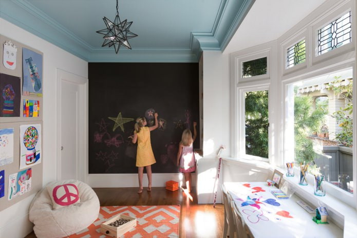 vyblednutá modrá farba stropu v detskej izbe