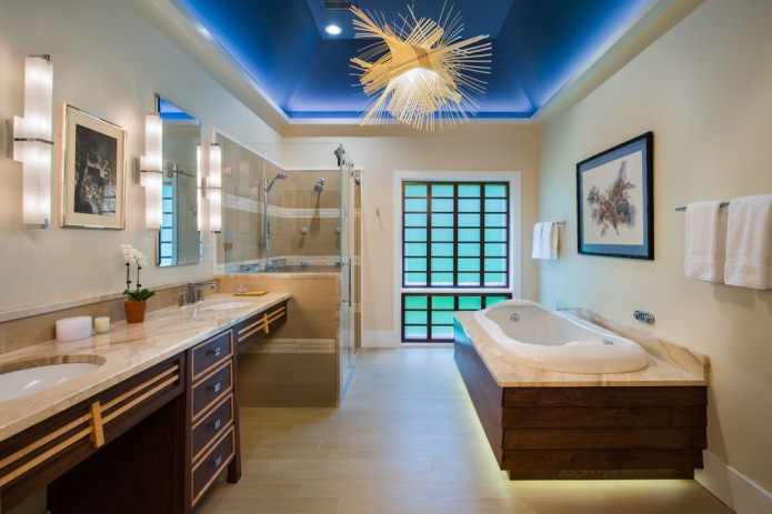 salle de bain avec plafond bleu
