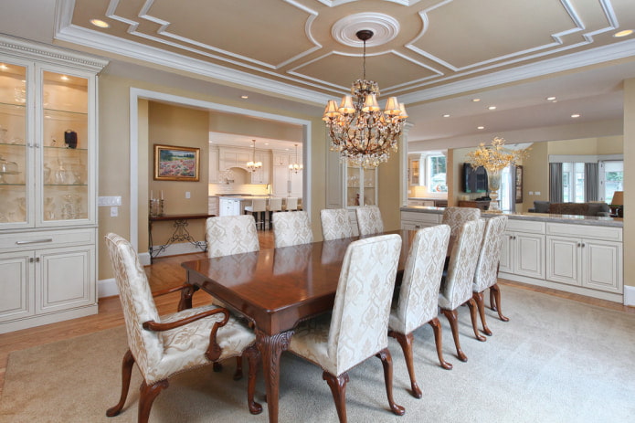 beige ceiling decorated with white moldings