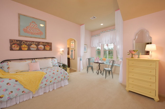 pink walls and beige ceiling