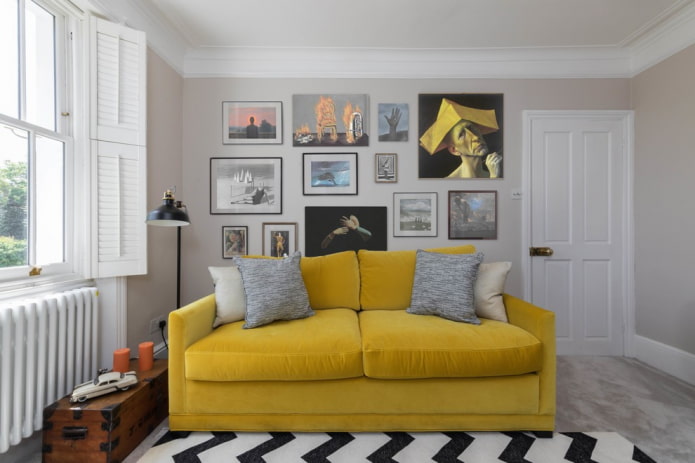 yellow sofa with fabric upholstery