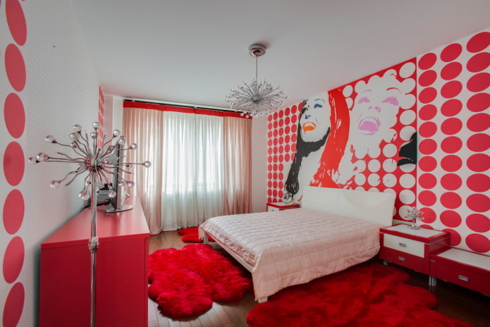 bright curtains in a white and red bedroom