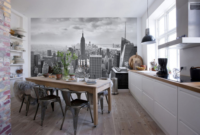 modern kitchen with photo wallpaper