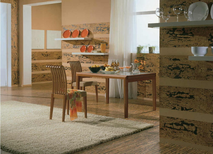 kitchen with cork wallpaper