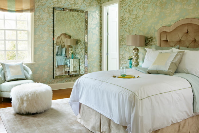 giấy dán tường lụa xanh trong nội thất phòng ngủ