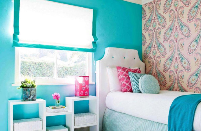In the photo a bedroom for a girl in delicate turquoise pink shades