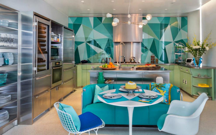 Pictured is a modern kitchen in turquoise colors