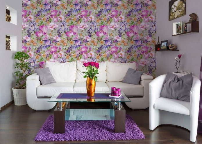 wallpaper with irises in the interior of the living room