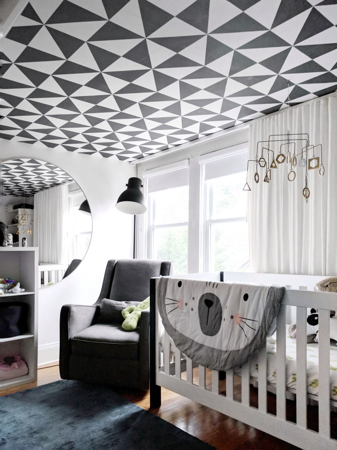 nursery interior with wallpaper on the ceiling