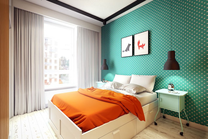 polka dot wallpaper in bedroom interior