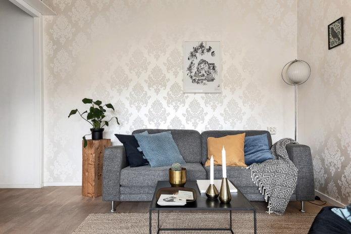 bílá textilie tapety v obývacím pokoji