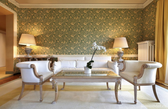 fabric wallpaper with a floral pattern in the living room