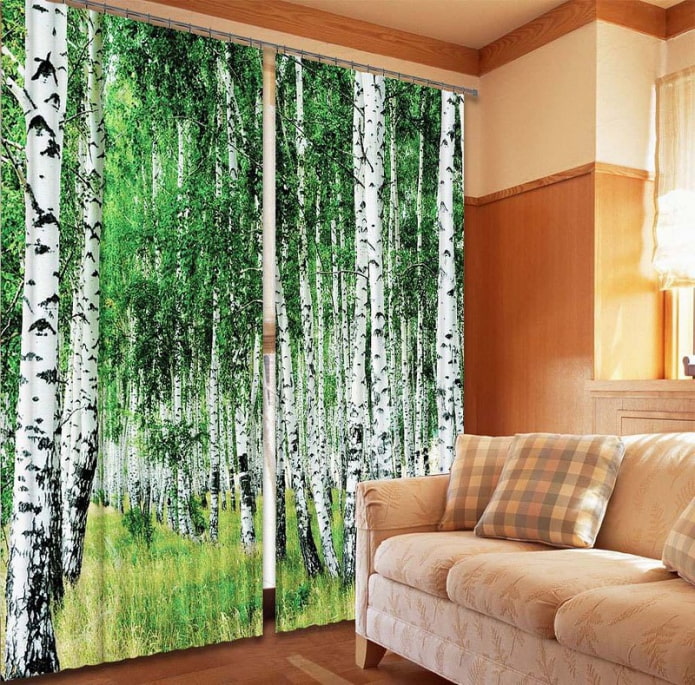 Tirai 3d dengan imej pokok grove birch