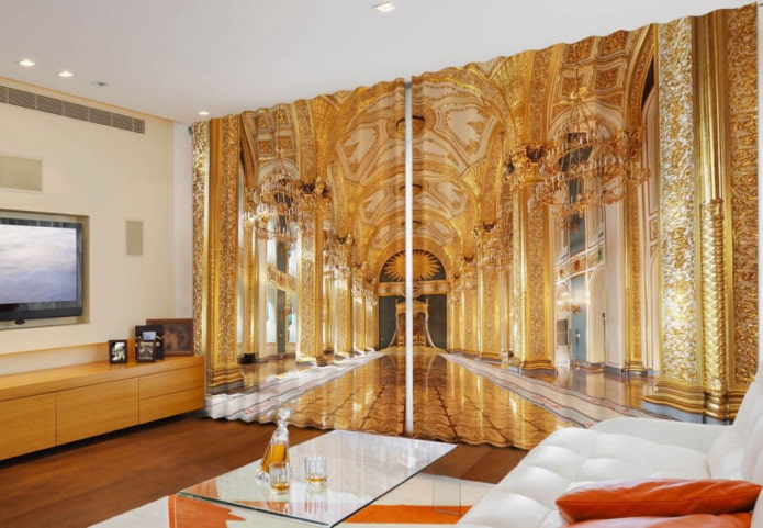 largas cortinas 3D con la imagen del interior del palacio