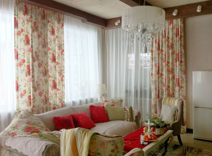 Floral drapes combined with plain curtains