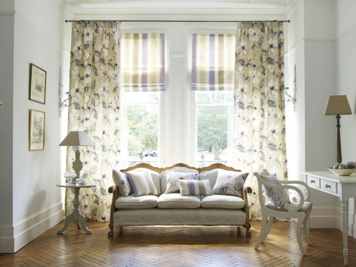 curtains with flowers in the living room interior