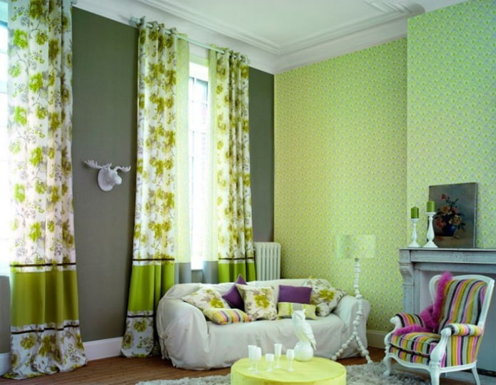 cortinas con estampado floral verde