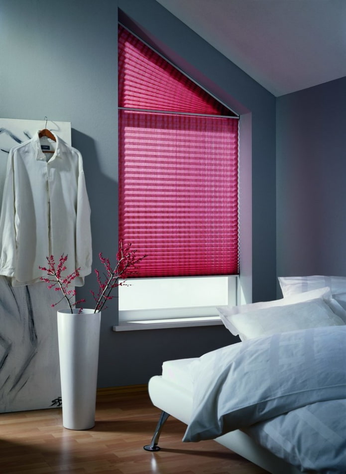 blinds-pleated on slanting windows in the interior