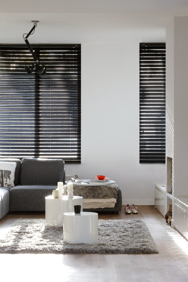 black horizontal blinds in the living room