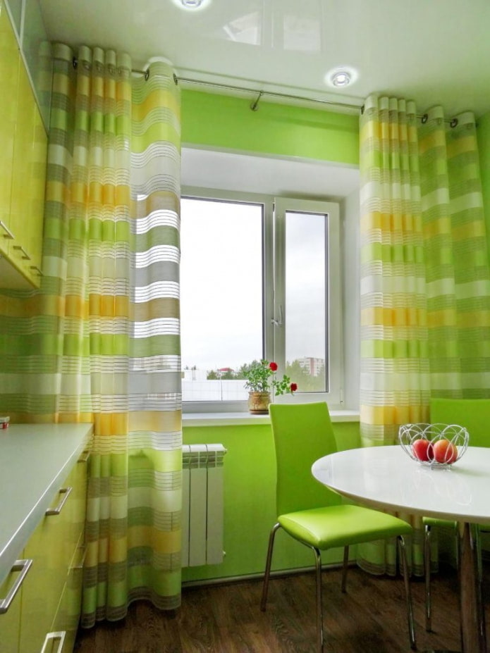 curtains on grommets in the interior of the kitchen