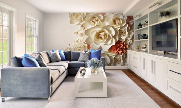 Papel de parede 3D com flores no interior da sala de estar
