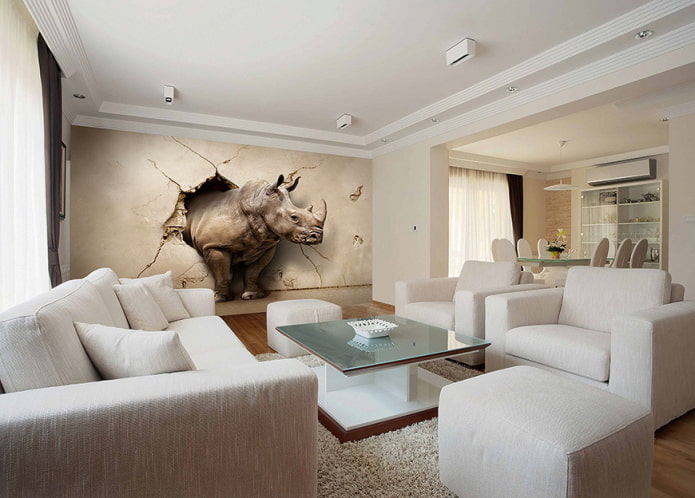 Papel de parede 3D com um rinoceronte no interior da sala de estar