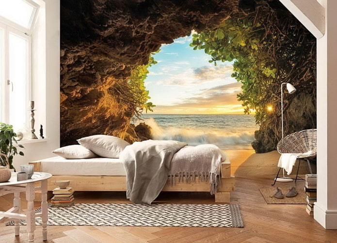 Tapet 3D med bilden av naturen i sovrummet