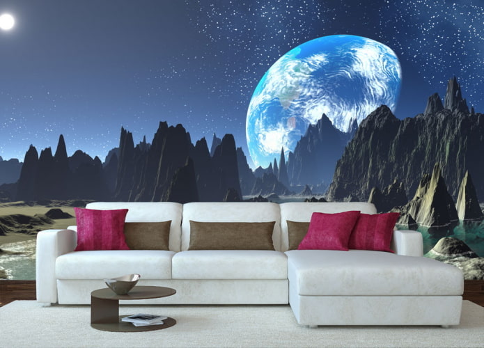 Papel de parede 3D com a imagem do espaço na sala de estar