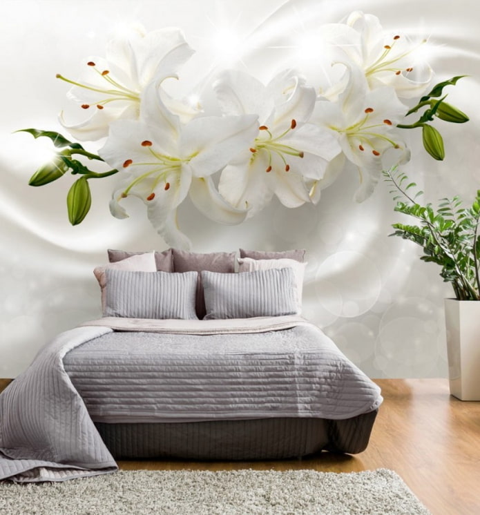 Tapeta 3D z kwiatami we wnętrzu sypialni