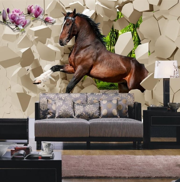 Fond d'écran photo 3D avec un cheval à l'intérieur du salon