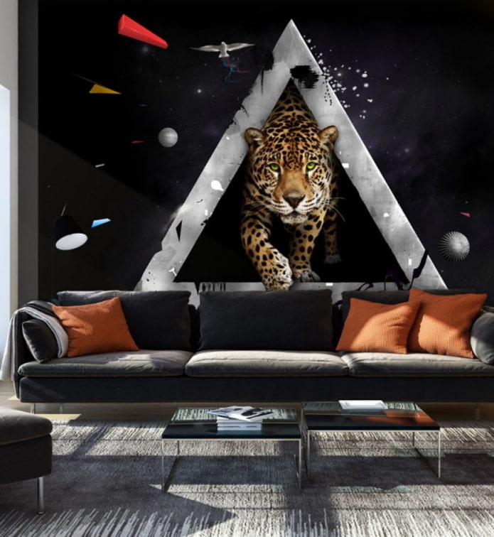 3D nuotraukos tapetai su gepardu gyvenamojo kambario interjere