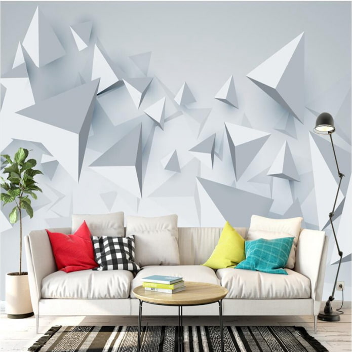 3D tapetes ar ģeometriju dzīvojamās istabas interjerā