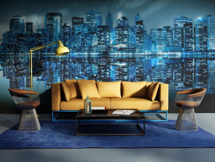 Papel de parede 3d com a imagem da cidade na sala de estar