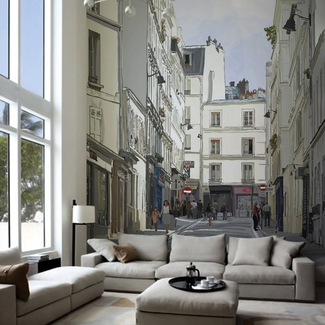 Carta da parati 3d con l'immagine della città nel soggiorno